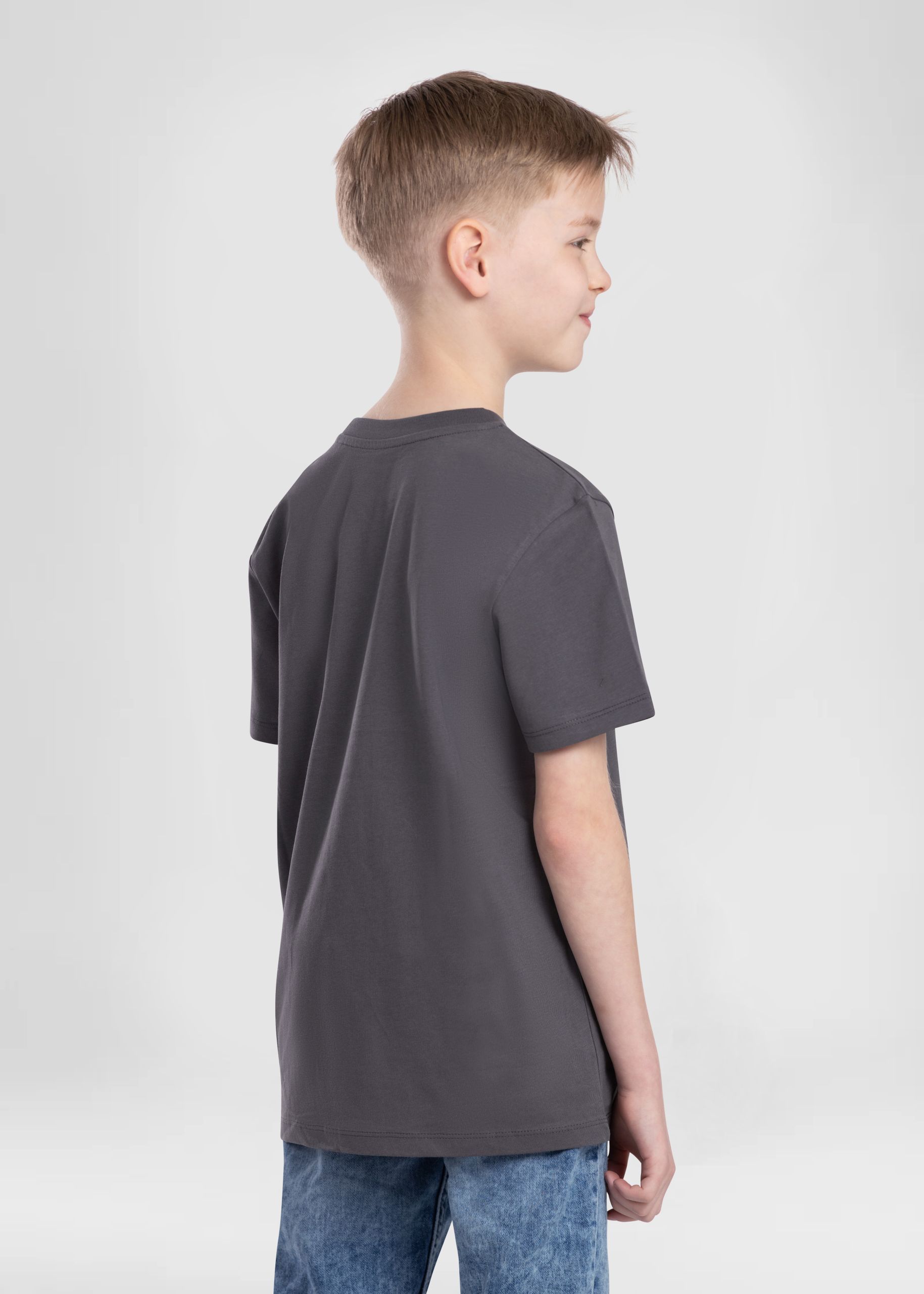 Valitool Kinder Unisex T-Shirt in Anthrazit mit Cartoon-Print ‚It’s Time to Be a Checker‘ und Logo-Frontprint, Rückansicht