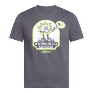 Valitool Kinder Unisex T-Shirt in Anthrazit mit Cartoon-Print ‚It’s Time to Be a Checker‘ und Logo-Frontprint, Vorderansicht