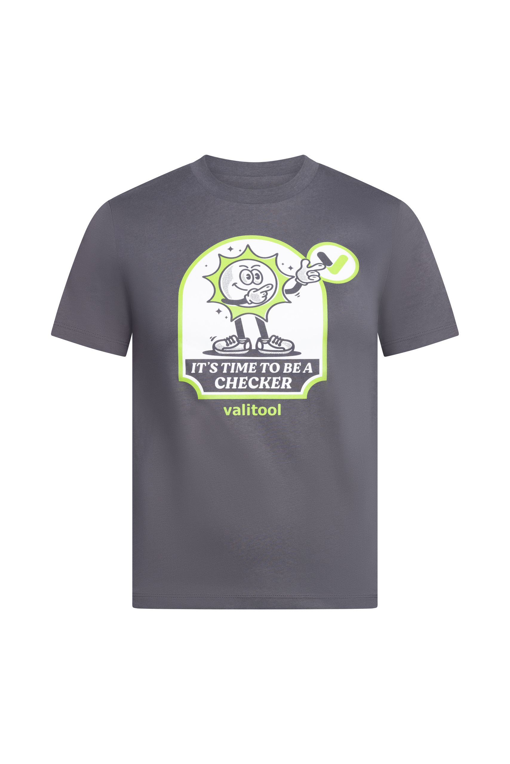 Valitool Kinder Unisex T-Shirt in Anthrazit mit Cartoon-Print ‚It’s Time to Be a Checker‘ und Logo-Frontprint, Vorderansicht