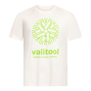 valitool Unisex T-Shirt in Natural Raw mit großem sonnenartigem Logo und Schriftzug ‚Validate. Comply. Confirm.‘, Vorderansicht