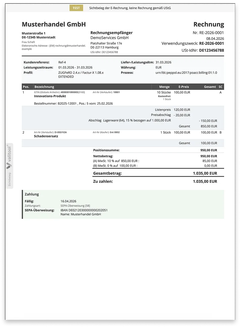 German invoice from Musterhandel GmbH to DemoServices GmbH, invoice RE-2026-0001 dated 08.04.2026, total 1.035,00 EUR, due 16.04.2026; SEPA transfer IBAN shown.